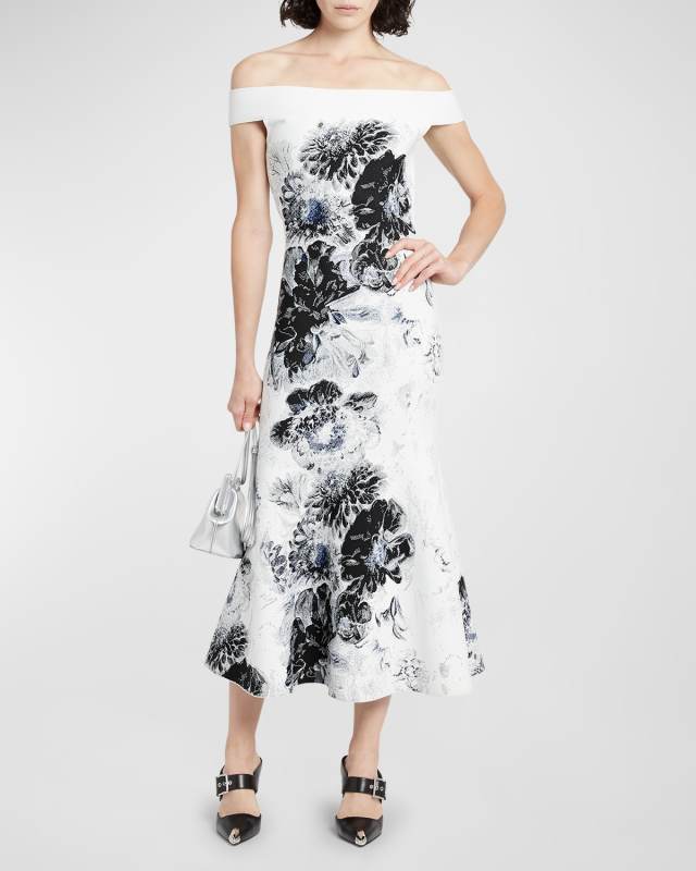 Off-Shoulder Floral Jacquard Midi Dress